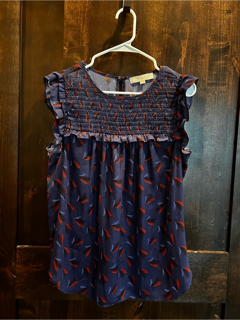 LOFT Navy Dress with Red Leaf Print and Smocked Bodice